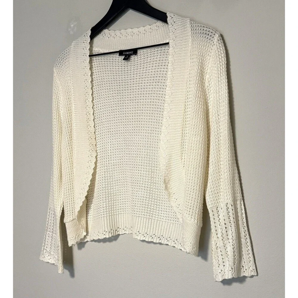 Elementz Open Front Crop Cardigan Sz S Ivory Long Sleeve Bolero Shrug